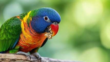 Naklejka premium A close-up of a colorful parrot nibbling on seeds, perched on a wooden branch, with a blurred green background and plenty of space for text on the right