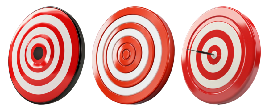 Red and white bullseye targets set isolated on transparent background