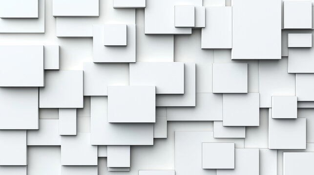 Abstract 3D render of a geometric pattern with overlapping white rectangles and squares creating a layered design.