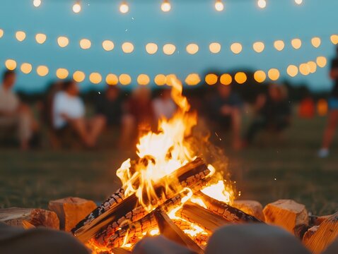 Laborers gathered around a bonfire under string lights, celebrating with traditional folk music and dance, Labor Day celebration, community unity
