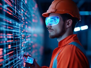 A professional wearing a hard hat and smart glasses analyzes digital data on a futuristic screen in a modern industrial setting.