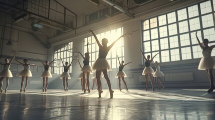 A group of ballerinas in mid-practice stretches in a sunlit dance studio, capturing the grace and discipline of ballet.