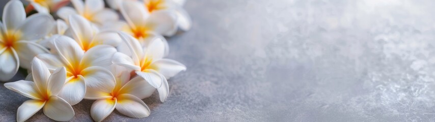 Fototapeta premium Vibrant Thai Plumeria Blossoms, exquisite close-up of colorful flowers, minimalist backdrop enhancing floral beauty, serene atmosphere, emphasizing natural elegance and simplicity