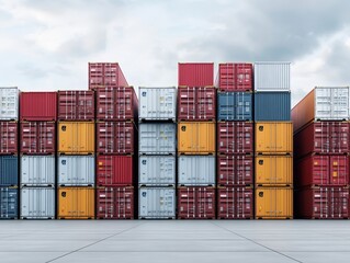 Fototapeta premium A row of colorful shipping containers stacked high against a cloudy sky.