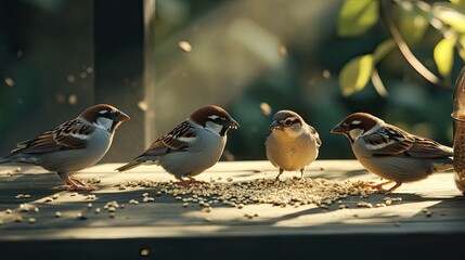 A group of sparrows pecking at scattered grains on a wooden table, sunlight casting soft shadows, with ample space for a text overlay in the upper third