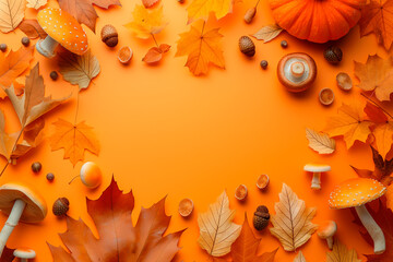 autumn background with leaves, mushrooms and acorns