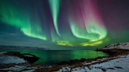 Northern lights viewed from cliff with woman sitting