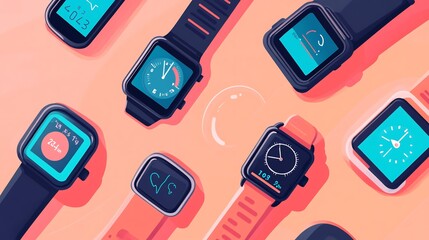 Illustration of wearable health technology with devices like smartwatches and fitness trackers monitoring vital signs