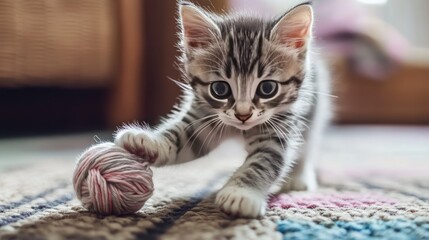 A playful kitten chasing a ball of yarn on a cozy rug, with room for text on the left side