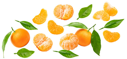 flying mandarins with green leaves and slices isolated on white background. clipping path