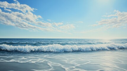 Fototapeta premium Coastal scene with gentle waves leading to the distant horizon, where the sea meets the sky in a seamless, tranquil expanse.