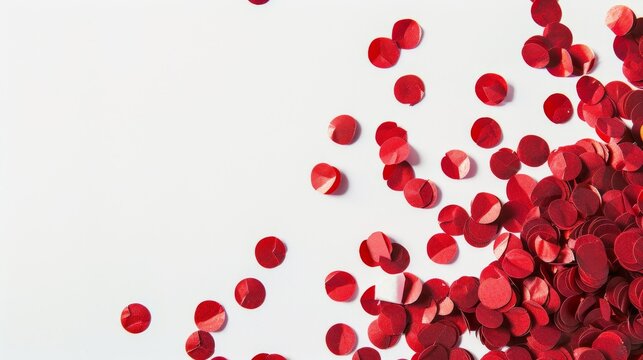 A festive scatter of shiny red confetti dots on a plain white background, adding a sense of celebration and cheer.