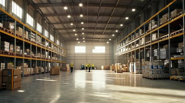 Large warehouse interior with high shelves and pallets, workers in safety vests, boxes and goods organized for distribution and storage.