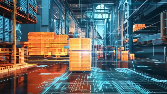 Futuristic warehouse with digital interfaces and automated systems, illustrating modern logistics and technology integration.