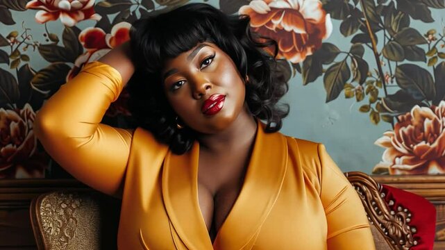 A plus-size woman confidently posing in stylish attire, promoting body positivity.
