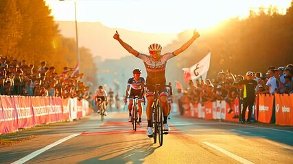 Cyclist triumphantly crossing the finish line with raised arms, surrounded by cheering crowds at a professional bike race.