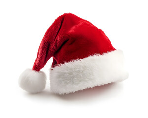 Realistic photo of a red Christmas Santa Claus hat with a white pompom, isolated on white background