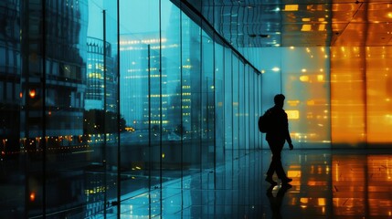 A lone figure walks through a sleek, modern building with glass walls, reflecting the city lights and creating a contrast of blue and orange tones.