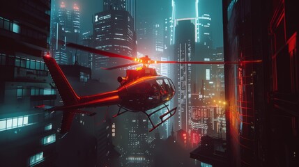 A helicopter hovers above a futuristic cityscape at night, illuminated by vibrant neon lights that paint the skyline.