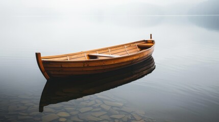 Obraz premium A solitary wooden boat peacefully floats on a calm, misty lake, surrounded by serene and still waters.