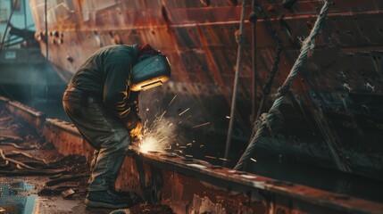 A welder, sparks flying, diligently works on a rusted industrial structure, bathed in the warm, golden light of a setting sun.