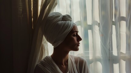 A serene profile of a woman with a towel wrapped around her head, gazing thoughtfully out of a sunlit window with sheer curtains.