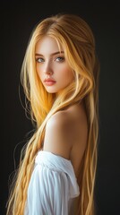 Naklejka premium Elegant young woman in a flowing white dress, radiant golden hair cascading down, set against a deep black background, embodying grace and sophistication.