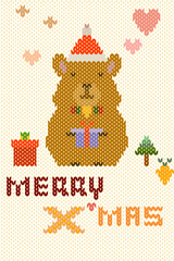 Ikat cute teddy bear with gift box, heart bubble merry Christmas decoration texture design for fabric, clothing, cross stitch, sweater, knitting, greeting card, graphic, print, poster, postcard 