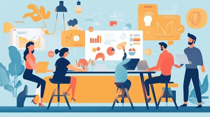 Fototapeta premium A team brainstorming new insurance products and services in a creative workspace.