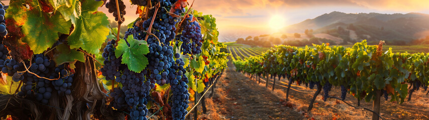 A vineyard with a bunch of grapes on a vine
