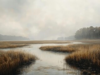 A serene landscape featuring a tranquil river flowing through tall grass under a moody sky, perfect for nature enthusiasts.