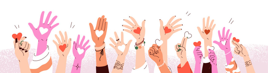 Hands with hearts, banner for World Humanitarian Day. Volunteers crowd, nonprofit organization, community for help, aid, donation and charity. Flat vector illustration isolated on white background