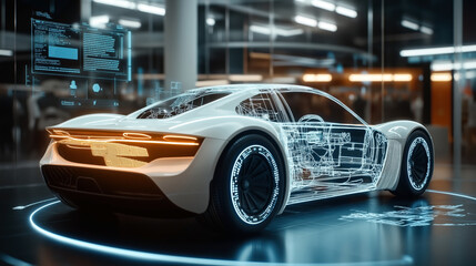 Obraz premium Futuristic concept car with transparent body showcasing internal components, displayed with digital interfaces in a modern showroom.