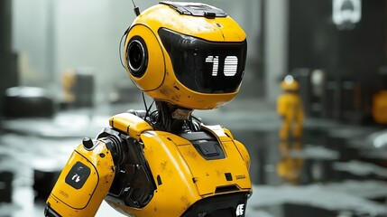 Obraz premium Futuristic robot showcasing bright glowing eyes and helmet for dynamic visuals