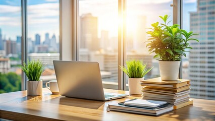 A minimalist desk setup features a laptop, neatly stacked files, and a plant, bathed in warm light, with a cityscape outside, blending work and nature.