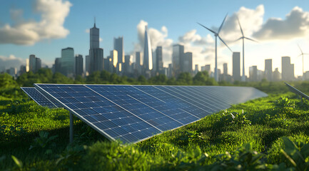 A solar panel farm stands in an open field with wind turbines and a city in the background, symbolizing the advancement of green energy and sustainable development. Beautiful green energy landscape.
