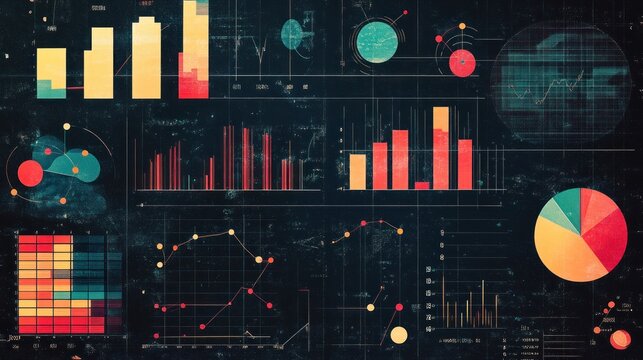 The image displays an assortment of colorful data visualization graphs including bar charts, line graphs, pie charts, and scatter plots on a dark background.