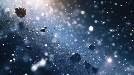 Fototapeta premium Detailed close-up of cosmic debris floating in space, with shimmering dust and faint glows from distant stars.