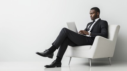A man in a suit and tie, wearing black leather shoes, sitting on a small one-seater sofa with a laptop on his lap, clean white background,