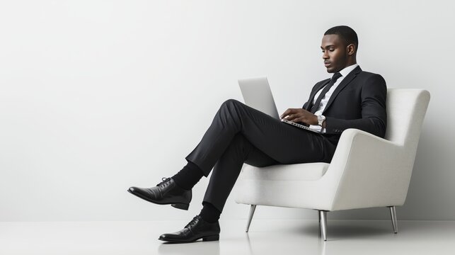 A man in a suit and tie, wearing black leather shoes, sitting on a small one-seater sofa with a laptop on his lap, clean white background,