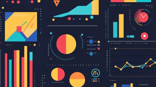 The image depicts various colorful abstract data visualization graphics, including pie charts, line graphs, bar charts, and scatter plots on a dark background.