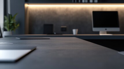 Detailed view of a dark gray desk desktop, highlighting the clean lines and simple design of the surface.