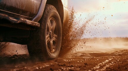A close-up shot of a vehicle tire kicking up dirt as it drives through a rugged terrain, capturing the spirit of adventure and off-road exploration.