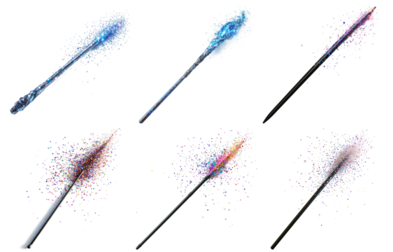Sparkling wands with magical effects in different styles isolated on transparent background