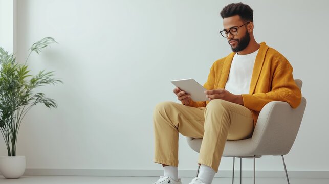 A man in a yellow jacket is sitting in a chair and reading a tablet. 