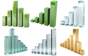 Collection of bar charts in metallic and glass finishes isolated on transparent background