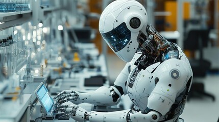 Fototapeta premium Futuristic robot with radiant helmet and illuminated eyes for high-tech imagery