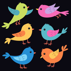 Cute bird icon set. Different birds collection. Kawaii cartoon funny baby character. Decoration element. Colorful sticker print. Childish style. Flat design. Isolated. Black background. Vector