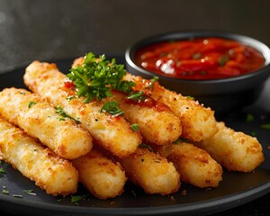 Fototapeta premium Crispy Mozzarella Sticks with Marinara Dipping Sauce on Black Background