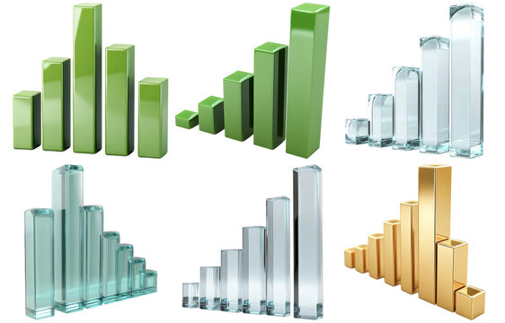 Collection of bar charts in metallic and glass finishes isolated on transparent background